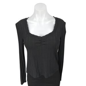 Mango MNG Women's Black Rib Knit Square Neck Long Sleeve Crop Sweater Top Size M